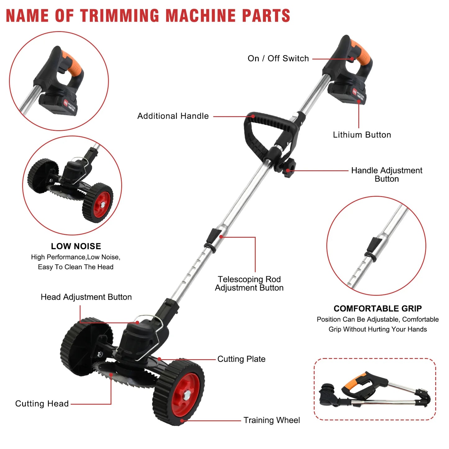21V Cordless Lawn Trimmer Mower/ Weed Wacker Electric Foldable Lightweight Fast Charger 5C 2000mah Two Battery Bottom Wheel