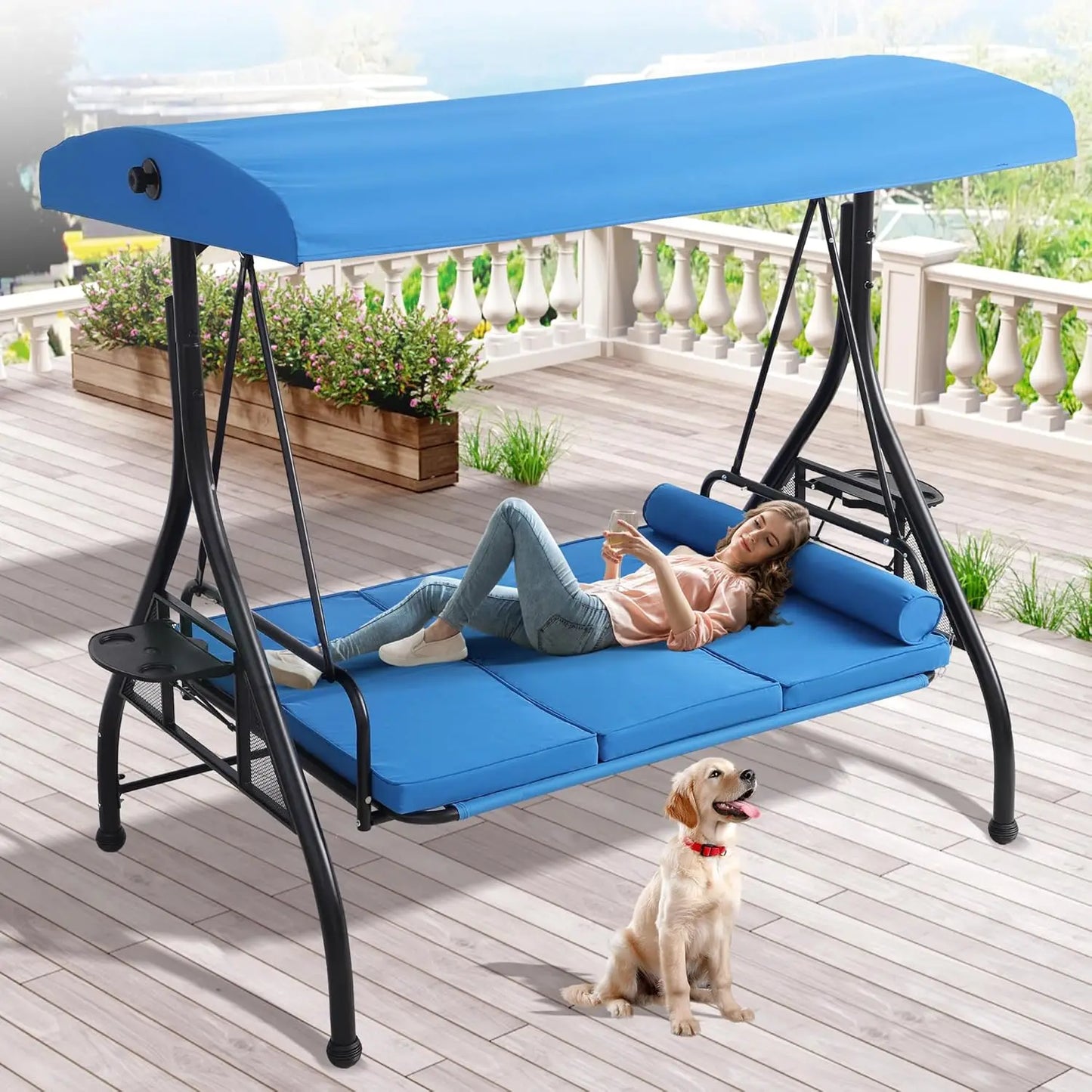 3 Person Outdoor Porch Swing with Canopy and Stand, Convertible 2 in 1 Porch /Bed Swing