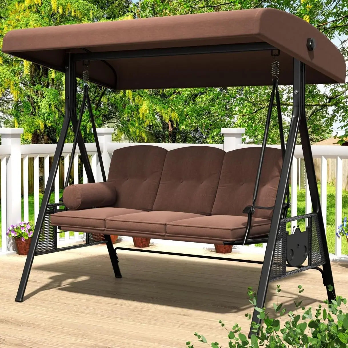 3-Seat Outdoor Porch Swing with Adjustable Canopy Beige