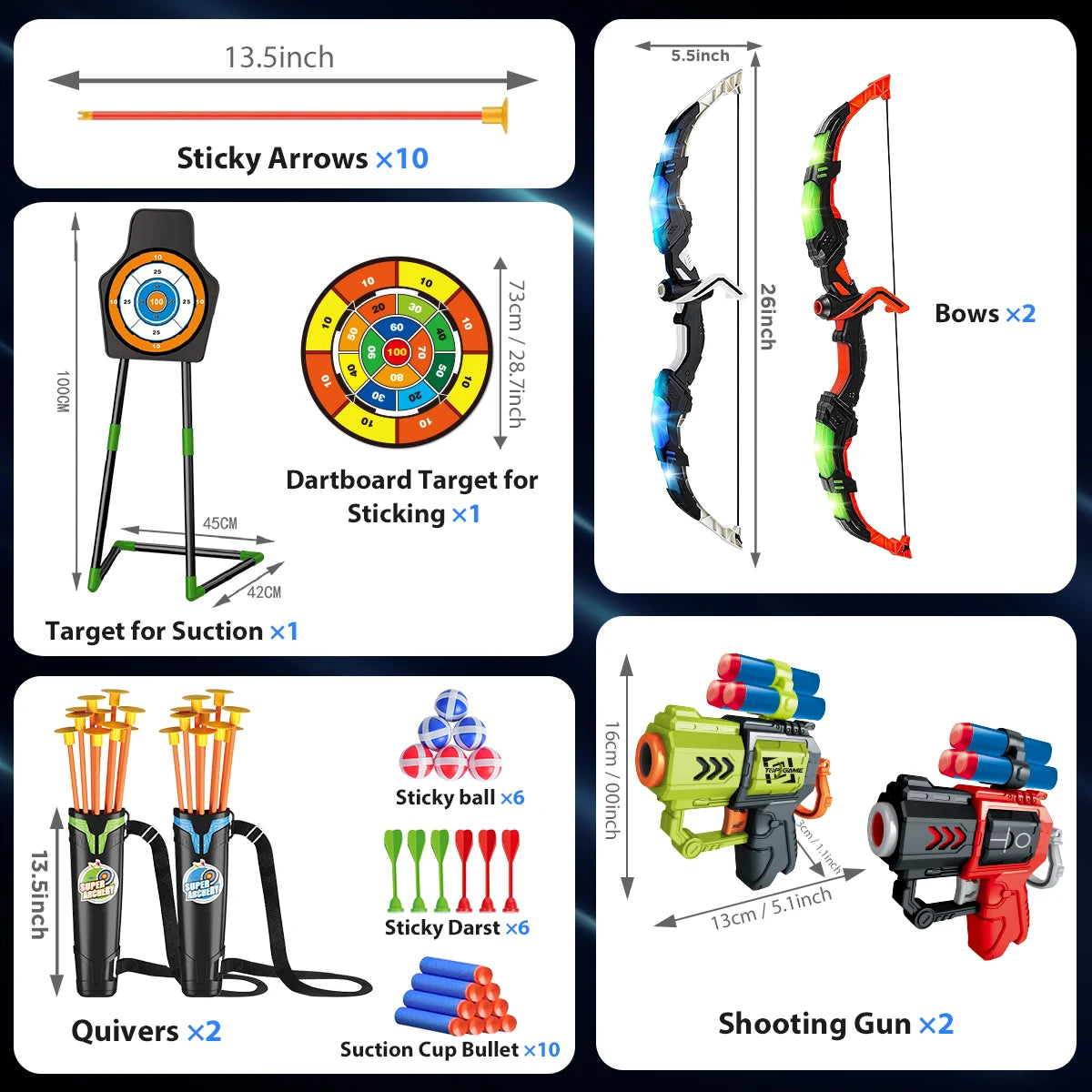 VATOS 2X Bow Arrow + Guns Toy For Kids Night-Light Archery Stand Target Board Indoor Outdoor