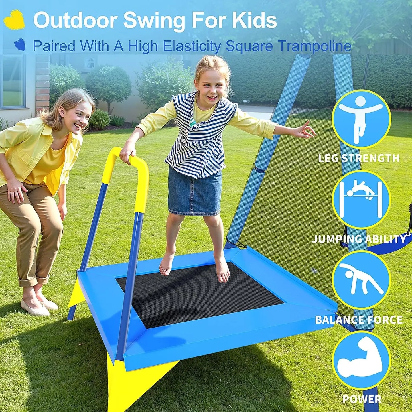 Outdoor Playground Kids Swing Set, 3-in-1 with Saucer Swing, Belt Seat & 4ft Trampoline, Heavy Duty A-Frame Metal Stand &