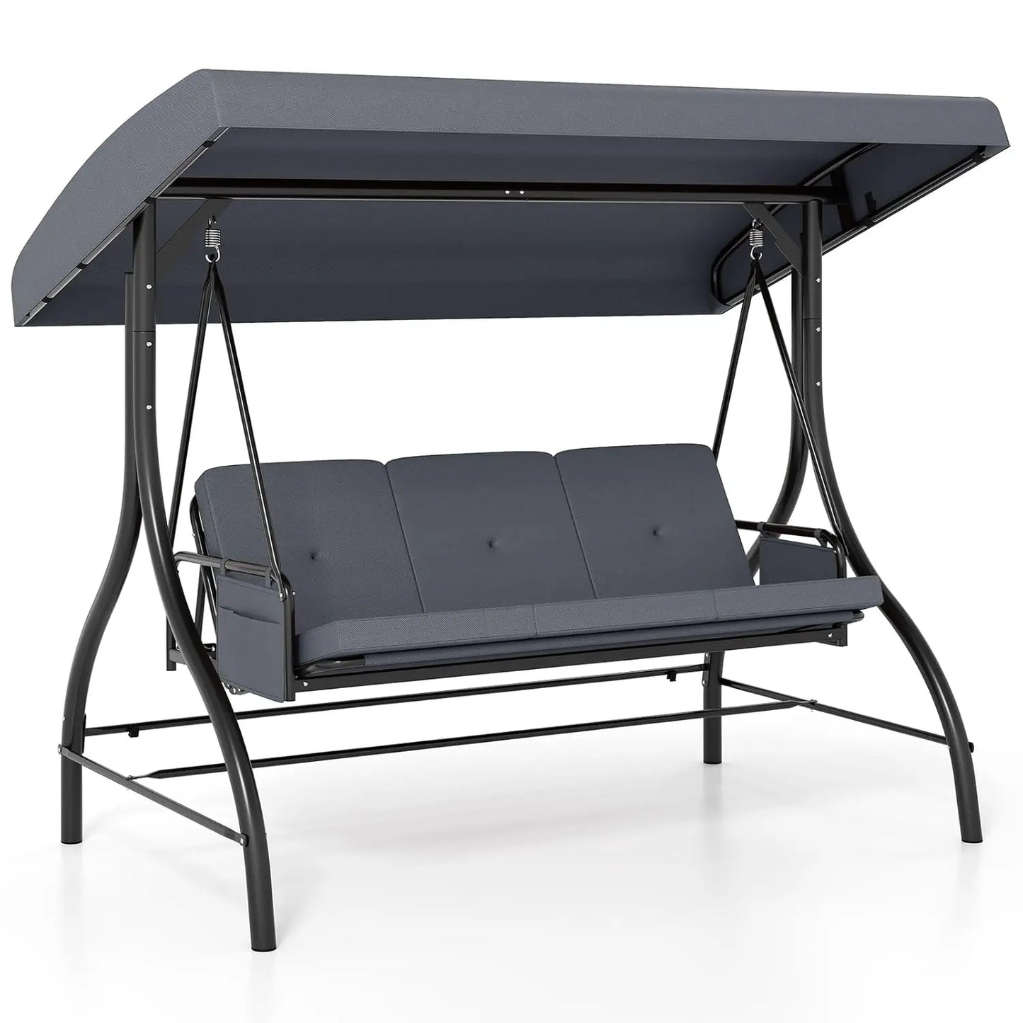 3 Person Porch Swing, 2-in-1 Convertible Outdoor Swing with Adjustable Canopy, Removable Cushions, Metal Frame,