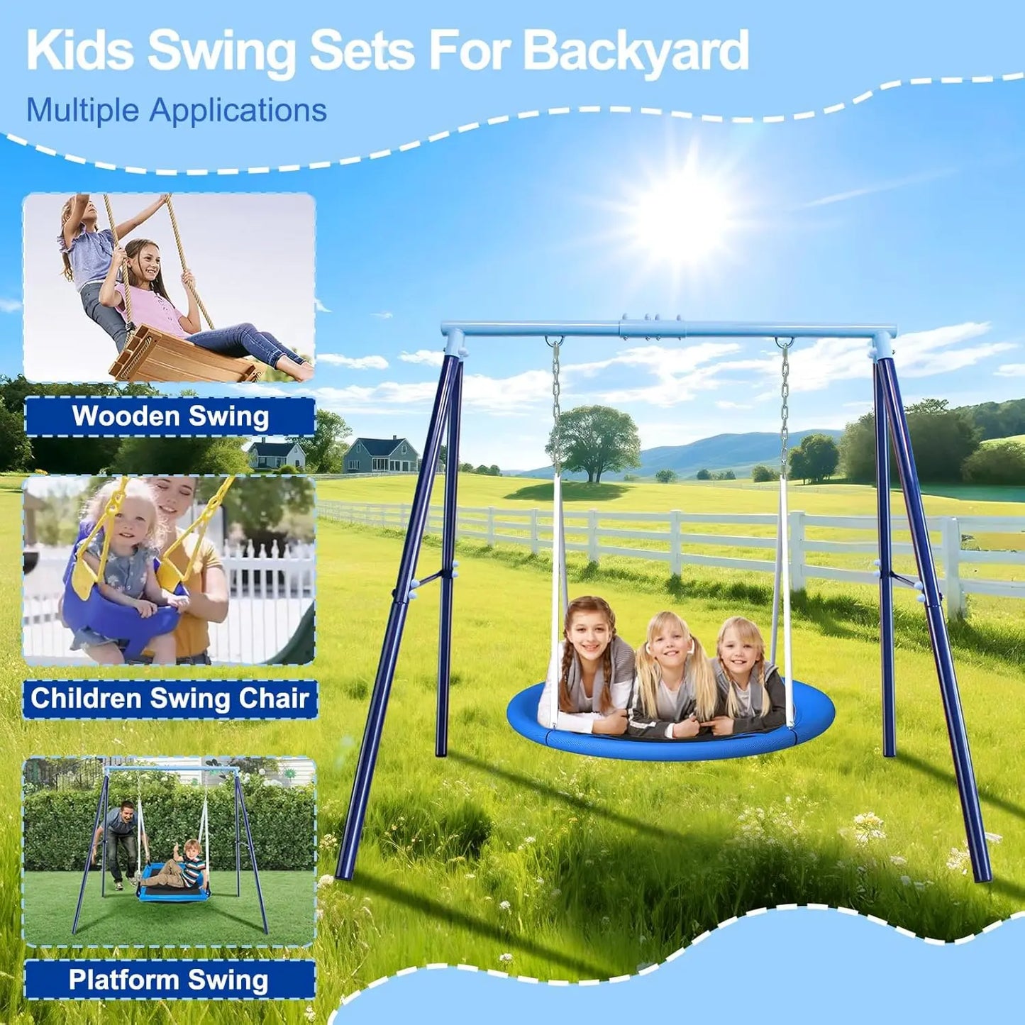 Heavy Duty 500lbs Saucer Swing Set - Outdoor Metal Frame Playground Includes 45'' Tree Swing & Adjustabl