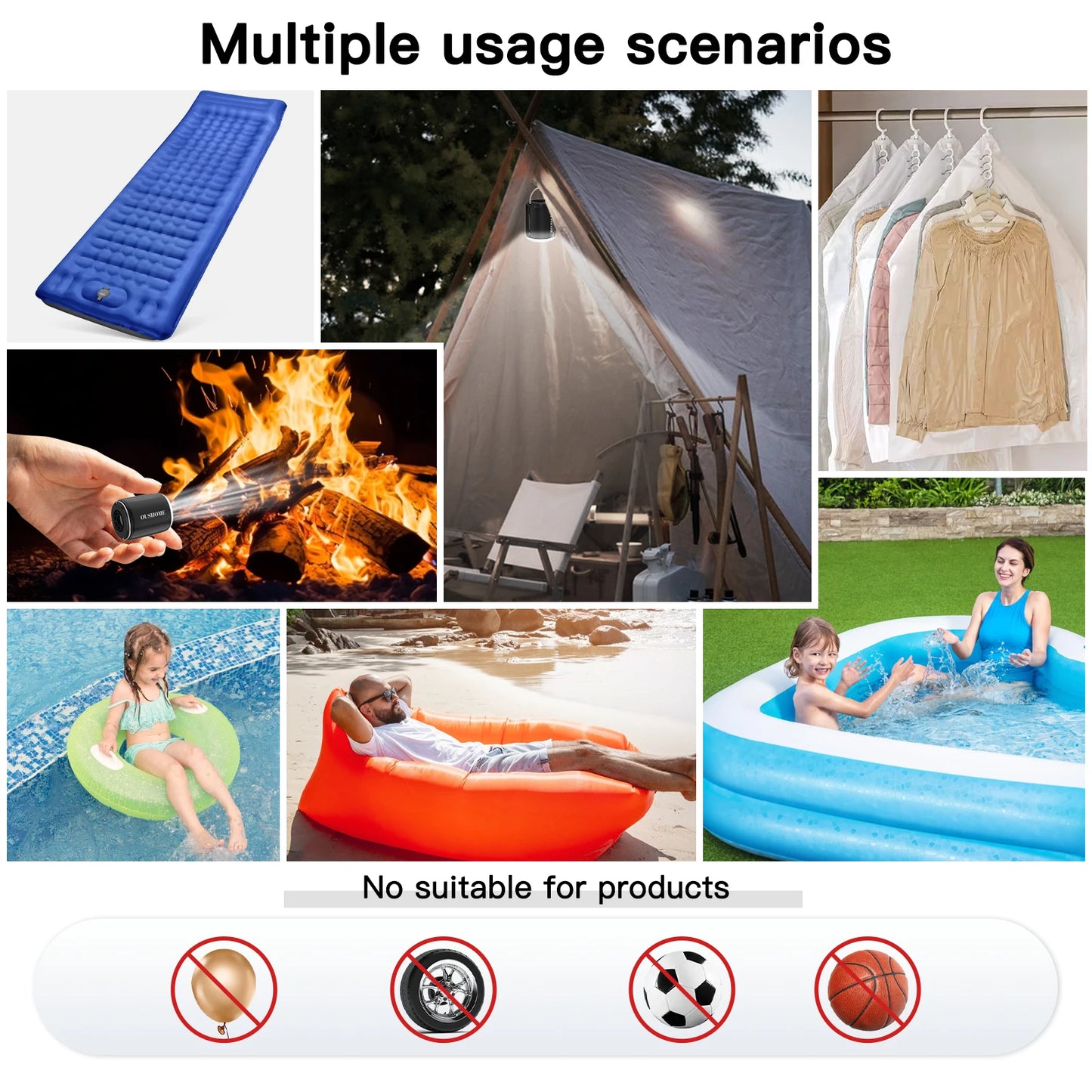 Portable Air Pump for Inflatables, Ultra-Mini Air Pump with Camping Light, USB Rechargeable