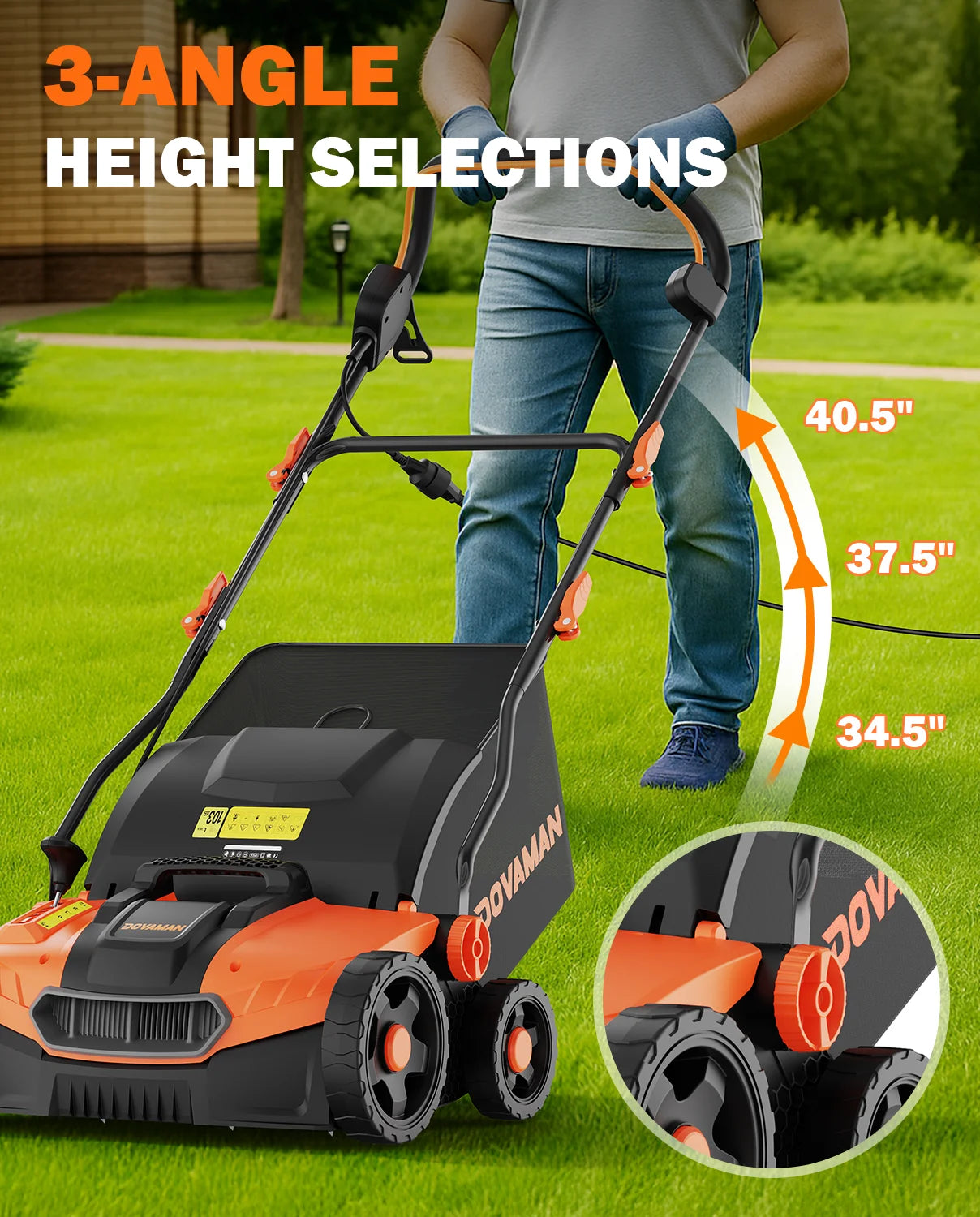 DOVAMAN 15A 2-in-1 Electric Dethatcher & Scarifier, 16" Lawn Tool, 5 Depth Levels, Foldable Handle, 12Gal Bag for Garden