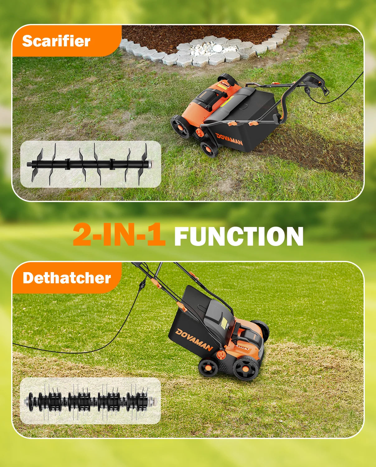 DOVAMAN 15A 2-in-1 Electric Dethatcher & Scarifier, 16" Lawn Tool, 5 Depth Levels, Foldable Handle, 12Gal Bag for Garden
