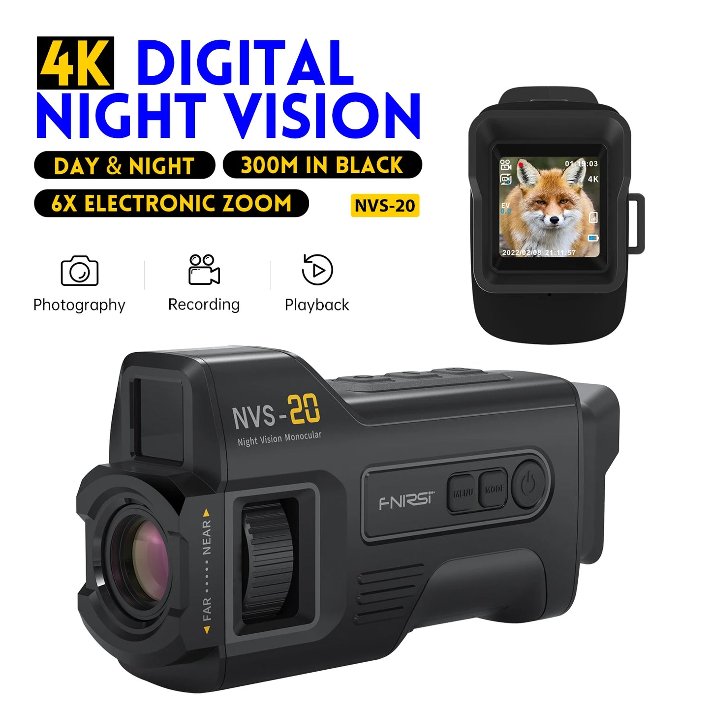 Monocular Night Vision Goggles 6X Digital Zoom 300m Hunting Camping Scope Day and Night Dual UseFNIRSI Telescope NVS-20 4KHD