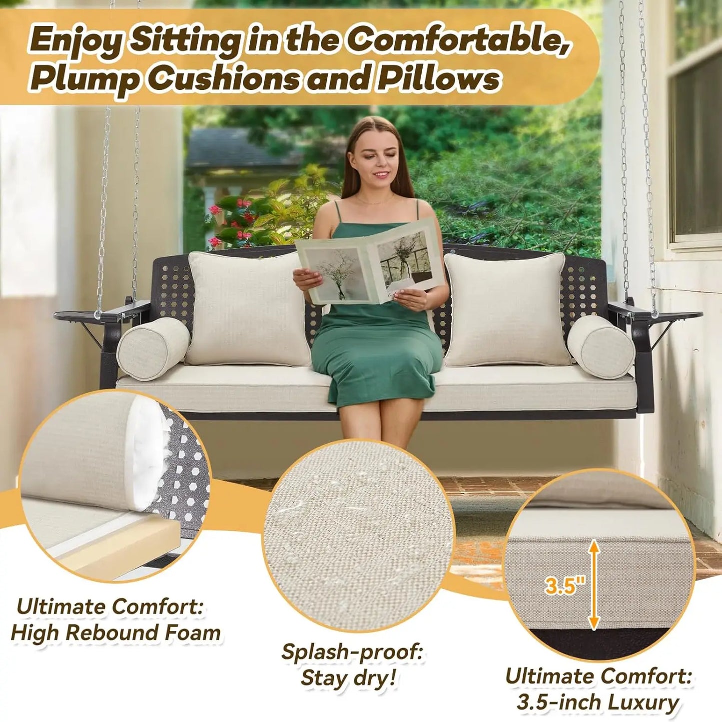 3 Seat Porch Swing, Patio Swing Bench with Cup Holders & 3 Back Cushions, Swing Chair with Chains