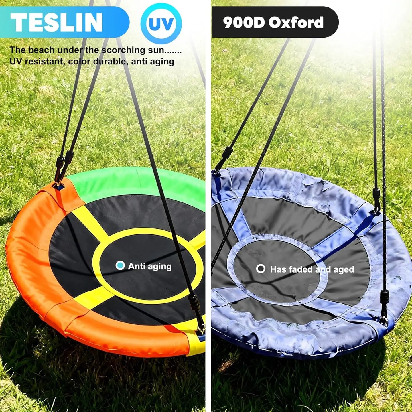 Outdoor Playground Kids Swing Set, 3-in-1 with Saucer Swing, Belt Seat & 4ft Trampoline, Heavy Duty A-Frame Metal Stand &