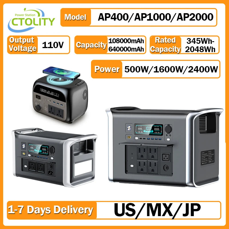 CTOLITY 500W 2400W Power Station 345.6Wh 2048Wh LiFePo4 Portable Solar Generator 110V AC Energy Storage Supply
