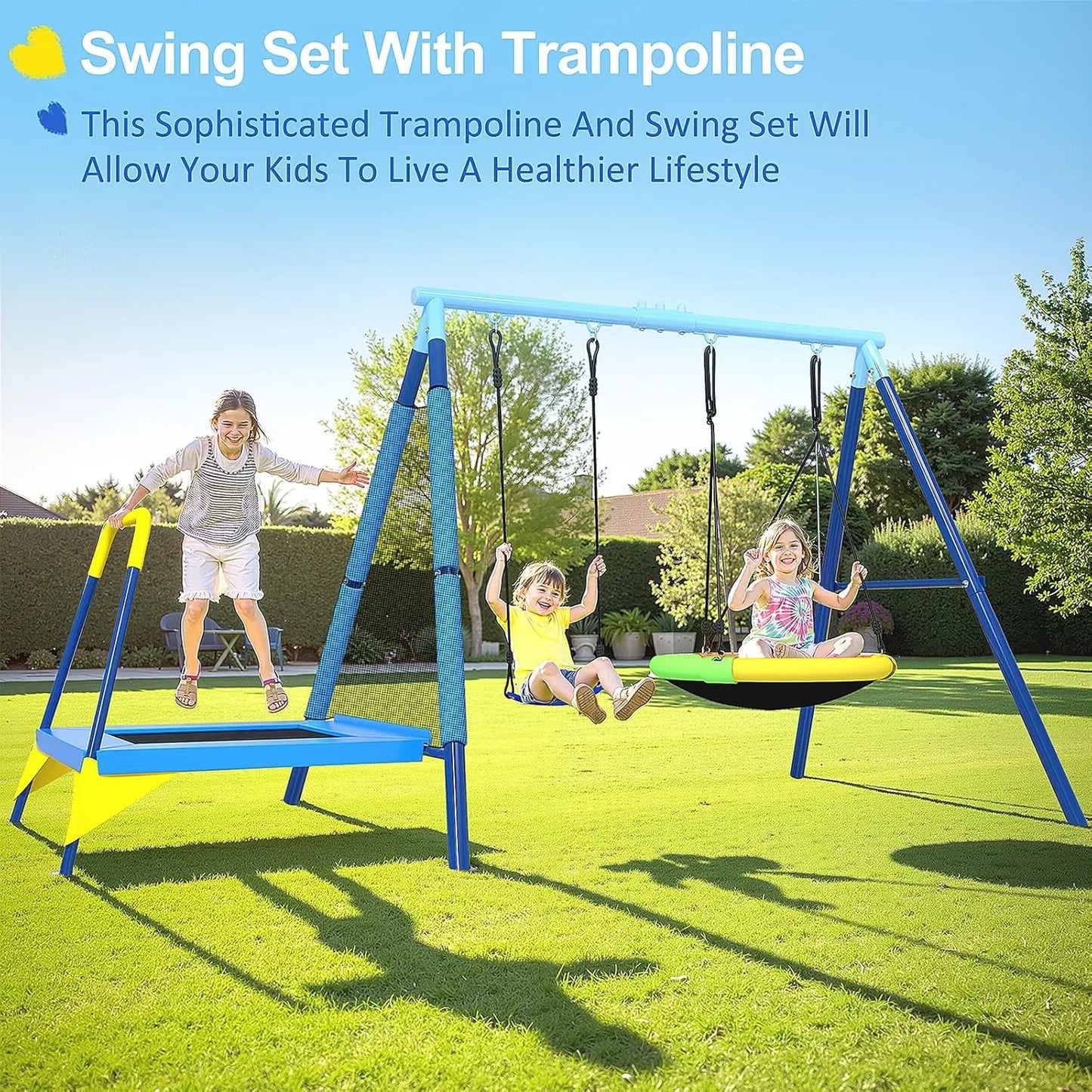 Outdoor Playground Kids Swing Set, 3-in-1 with Saucer Swing, Belt Seat & 4ft Trampoline, Heavy Duty A-Frame Metal Stand &