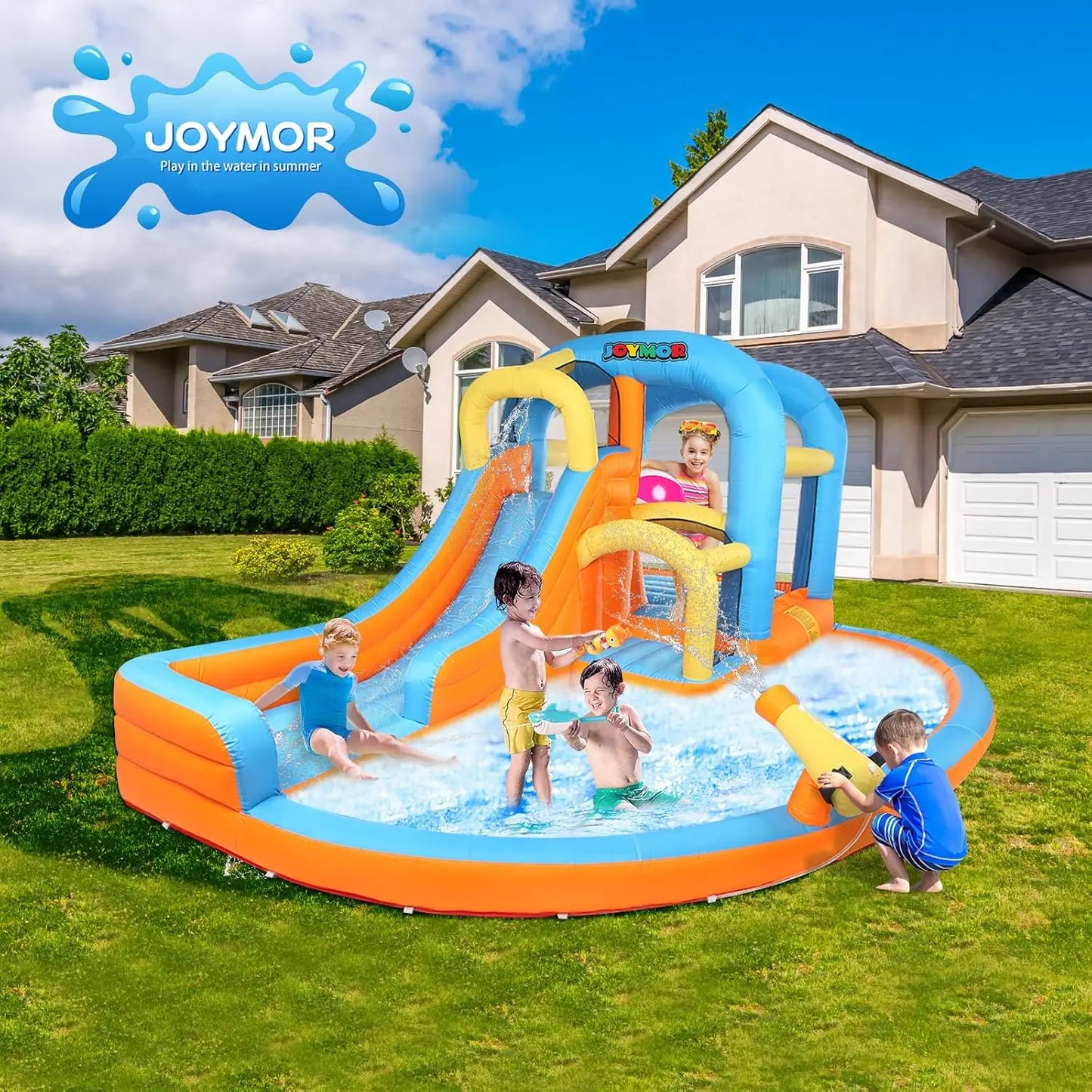 5-in-1 Inflatable Water Slide Park, Water Bounce House w/Air Blower, Climbing Wall, Double Jump Area, Splash Pool,, Customized