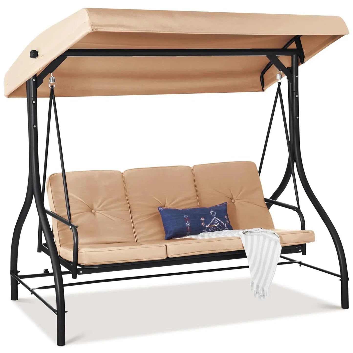 3-Seat Outdoor Large Converting Canopy Swing Glider, Patio Hammock Lounge Chair, Backyard w/Flatbed,,