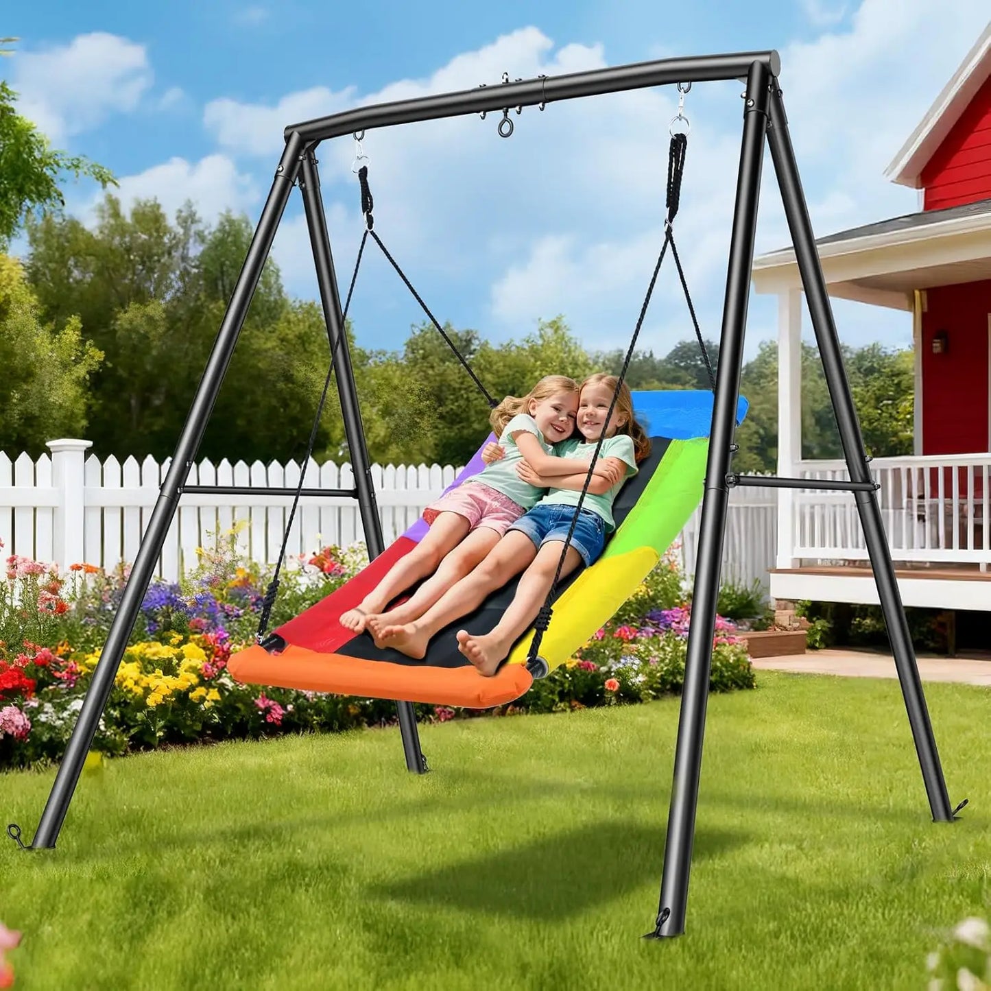 Heavy Duty A-Frame Metal Swing Set with Large Platform, 440lbs Capacity for Outdoor Playground