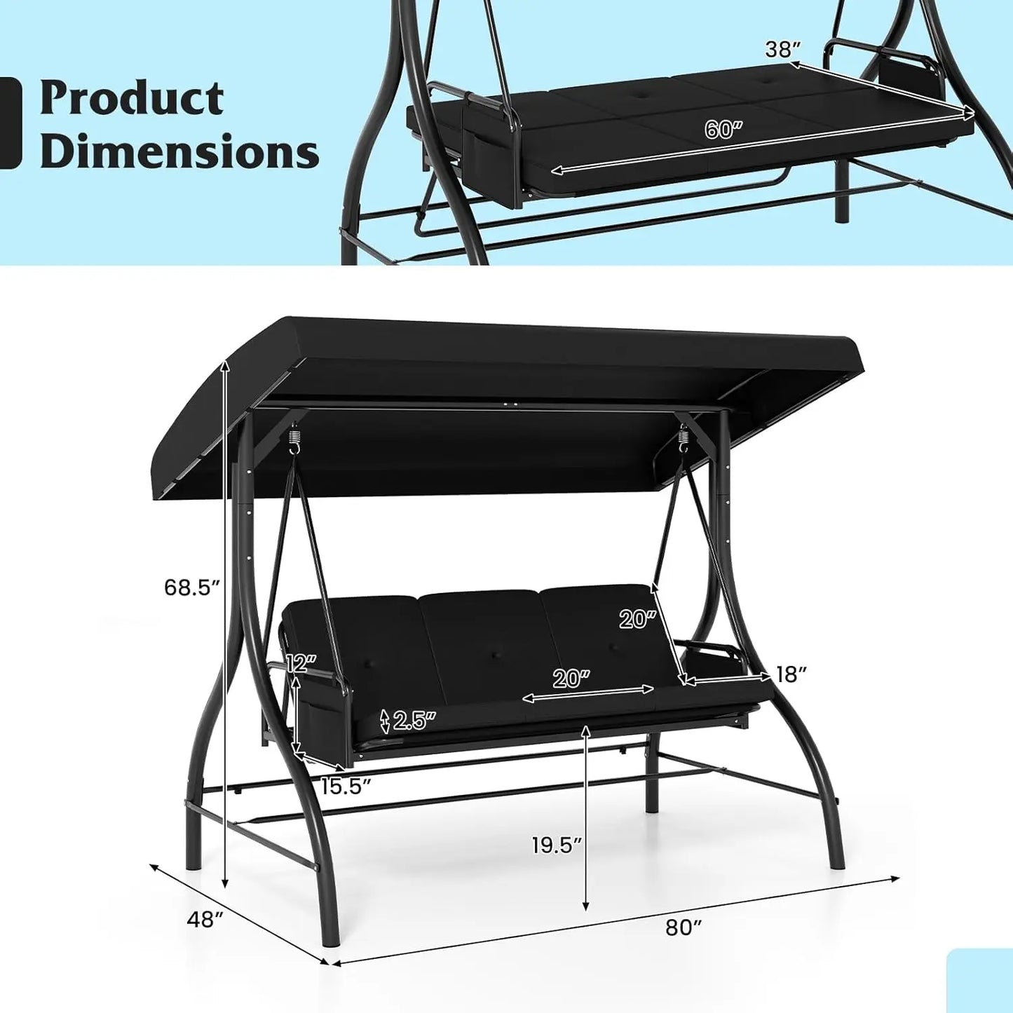 3 Person Porch Swing, 2-in-1 Convertible Outdoor Swing with Adjustable Canopy, Removable Cushions, Metal Frame,