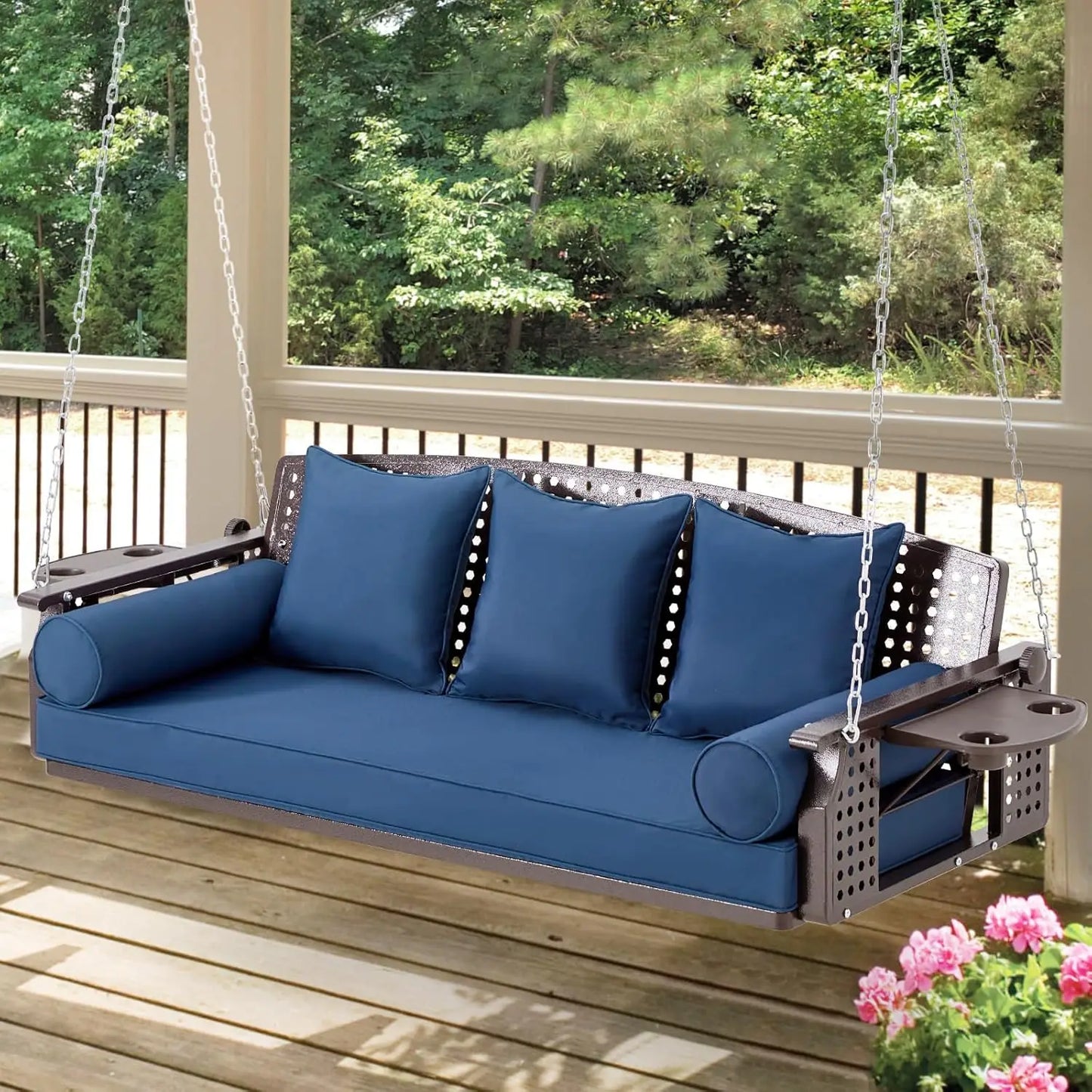 3 Seat Porch Swing, Patio Swing Bench with Cup Holders & 3 Back Cushions, Swing Chair with Chains