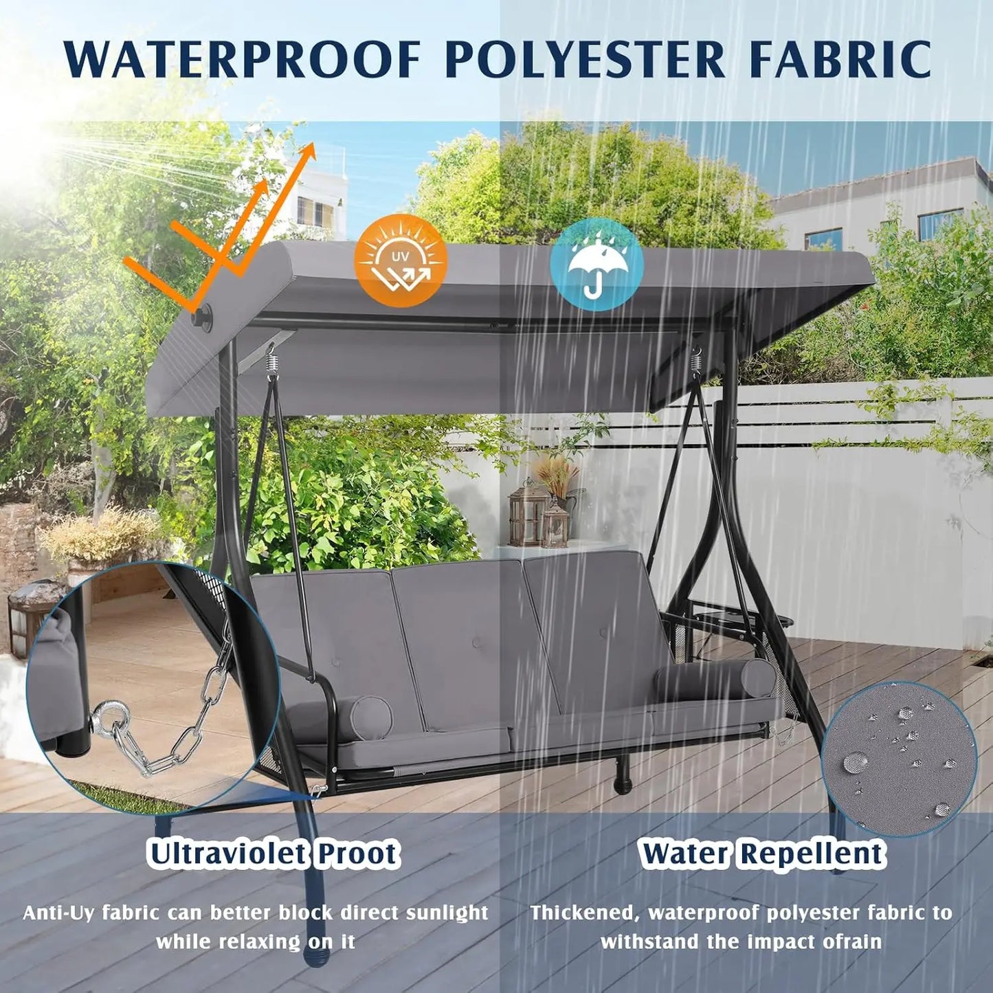 3 Person Outdoor Porch Swing with Canopy and Stand, Convertible 2 in 1 Porch /Bed Swing