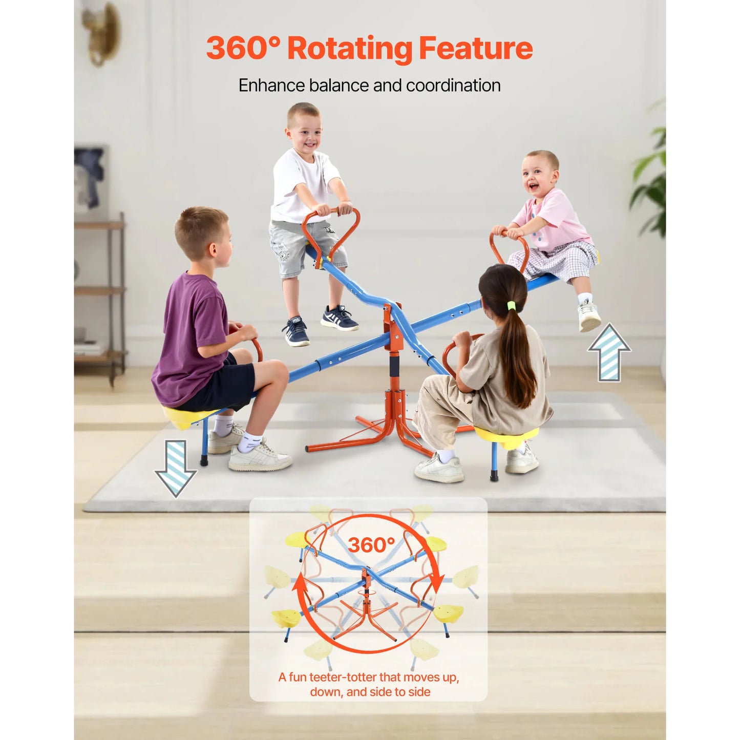 SucceBuy 4 Seats Kids Seesaw Sit & Spin Teeter Totter with 4-prong Support Legs & 360° Rotating Children Outdoor Play Equipment