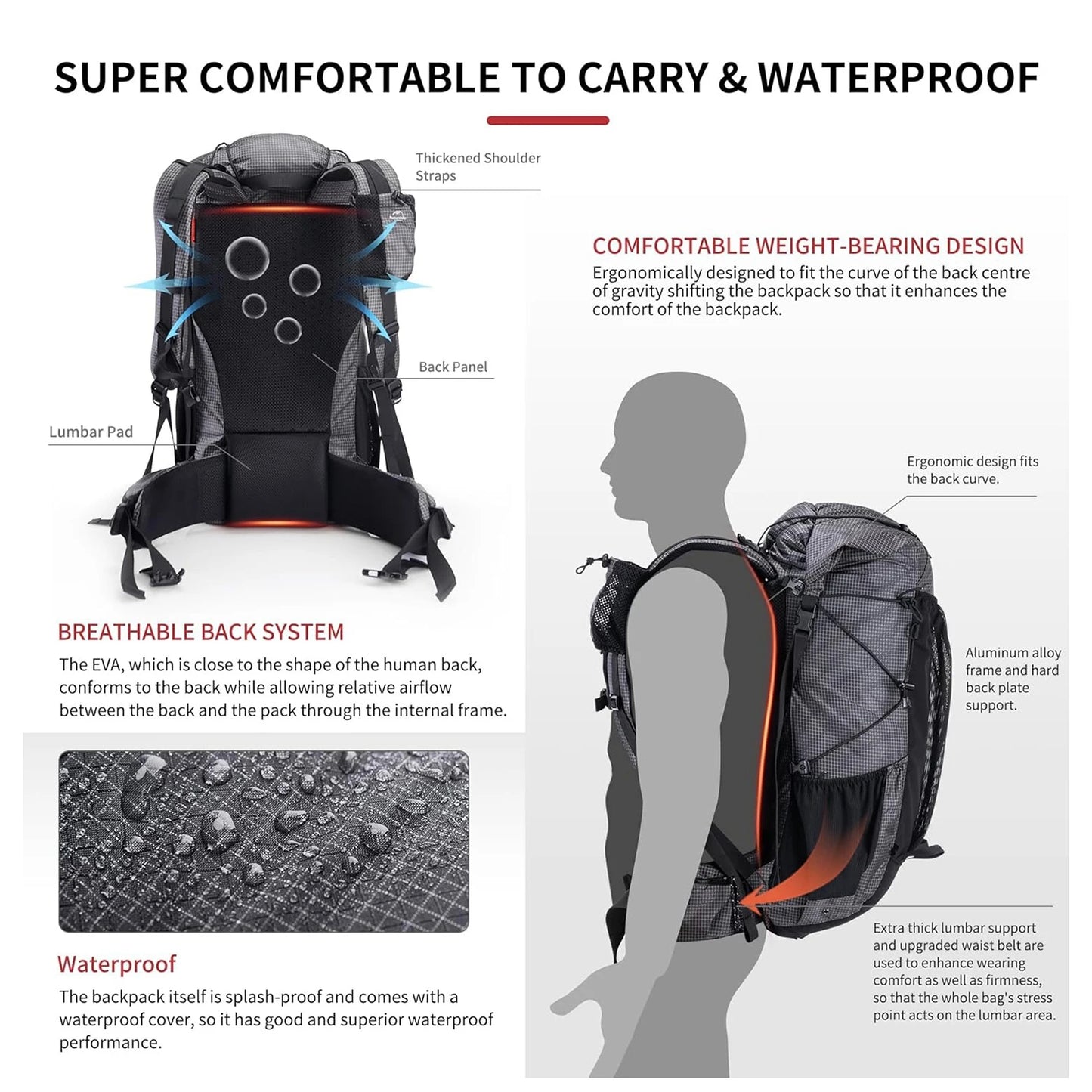 Naturehike Outdoor Mountain Backpack 60+5L Waterproof, Sports Climbing Hiking Travel Bag With Rain Cover