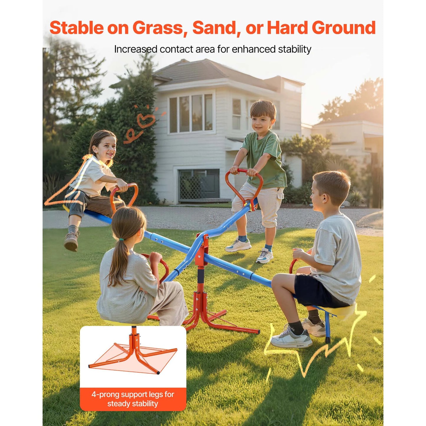 SucceBuy 4 Seats Kids Seesaw Sit & Spin Teeter Totter with 4-prong Support Legs & 360° Rotating Children Outdoor Play Equipment