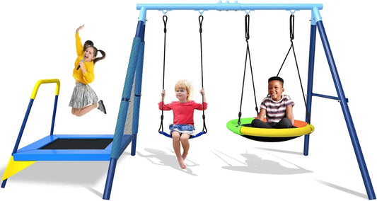 Outdoor Playground Kids Swing Set, 3-in-1 with Saucer Swing, Belt Seat & 4ft Trampoline, Heavy Duty A-Frame Metal Stand &