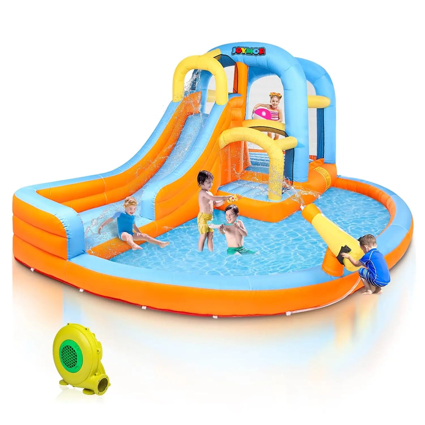 5-in-1 Inflatable Water Slide Park, Water Bounce House w/Air Blower, Climbing Wall, Double Jump Area, Splash Pool,, Customized