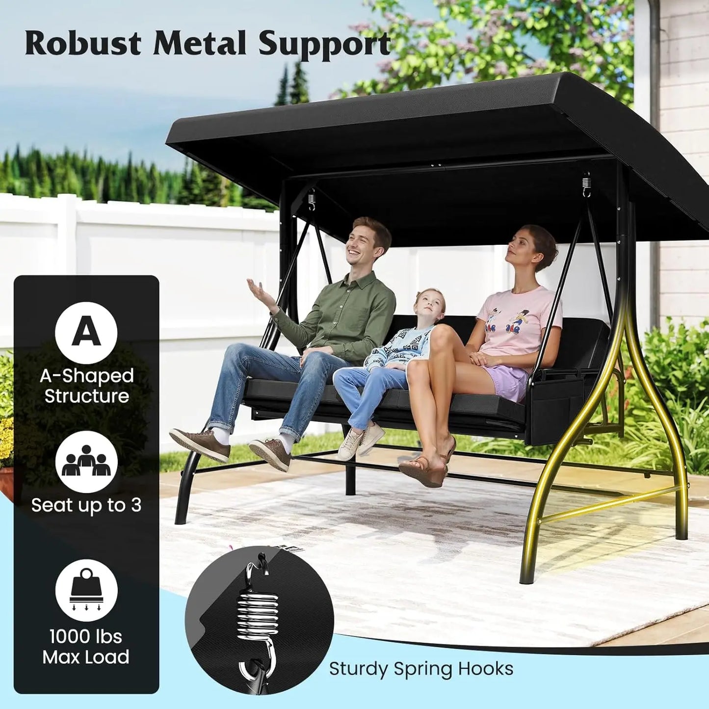 3 Person Porch Swing, 2-in-1 Convertible Outdoor Swing with Adjustable Canopy, Removable Cushions, Metal Frame,