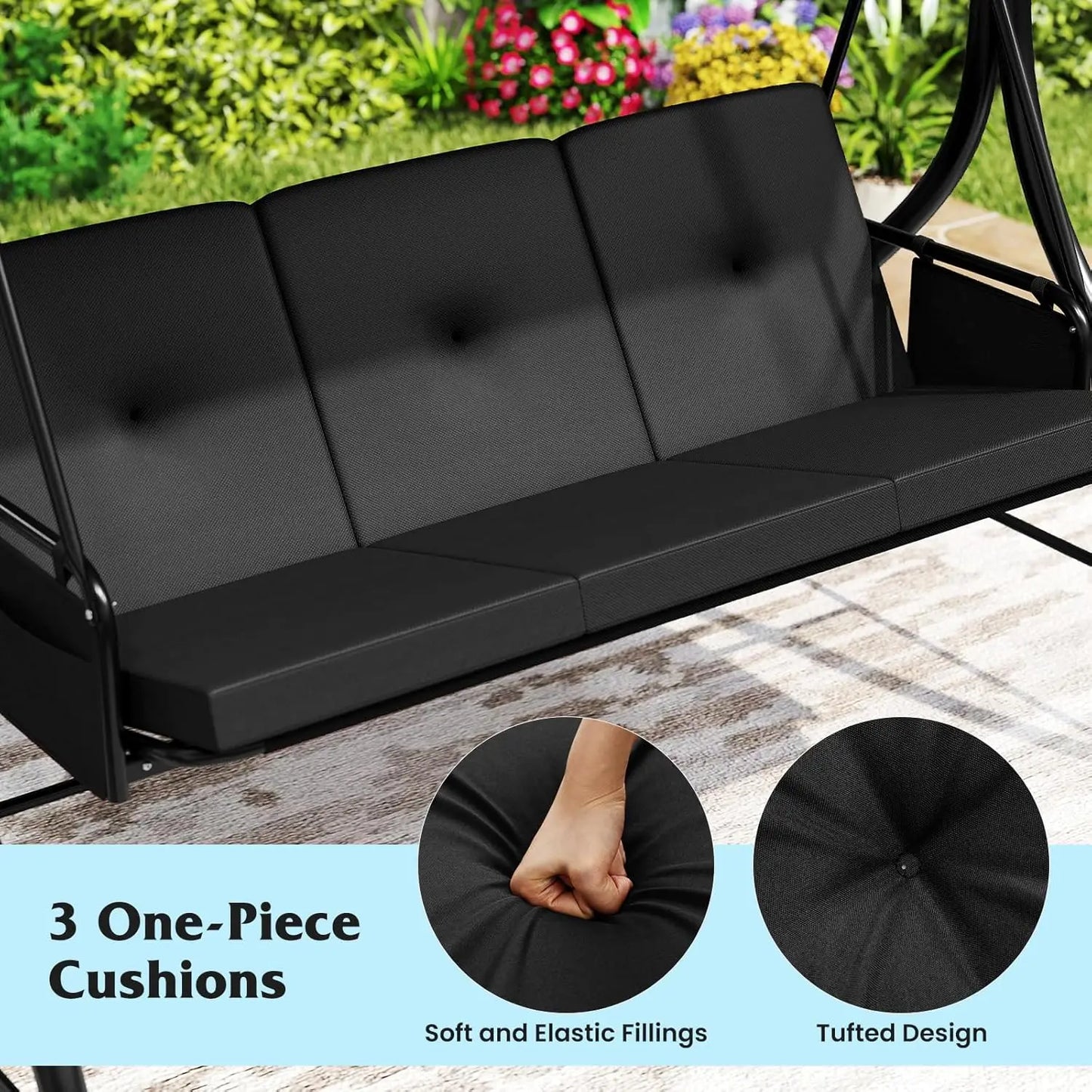 3 Person Porch Swing, 2-in-1 Convertible Outdoor Swing with Adjustable Canopy, Removable Cushions, Metal Frame,