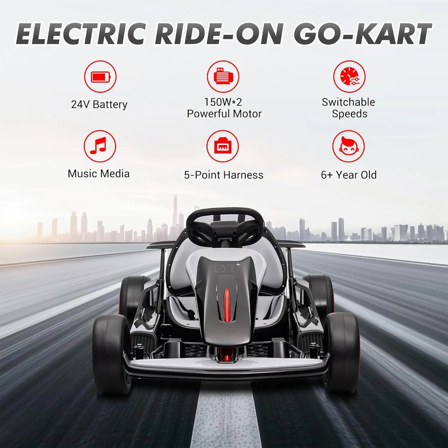 Go Kart, Electric Drift Kart Car with 24V 7Ah Outdoor Ride On Toy  200W Motor, 8.1 MPH, LED Lights 6-12 Years
