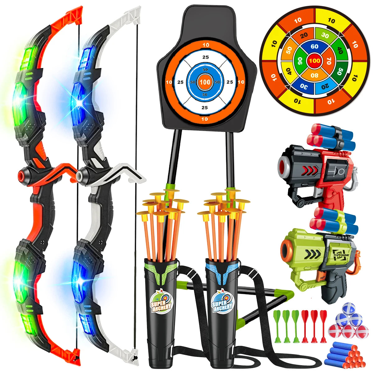 VATOS 2X Bow Arrow + Guns Toy For Kids Night-Light Archery Stand Target Board Indoor Outdoor