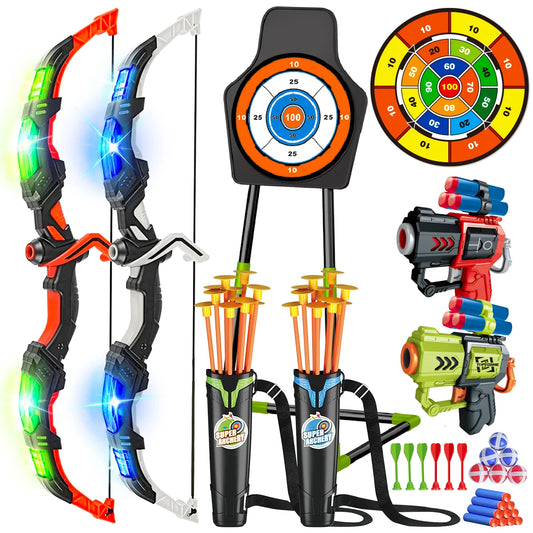 VATOS 2X Bow Arrow + Guns Toy For Kids Night-Light Archery Stand Target Board Indoor Outdoor