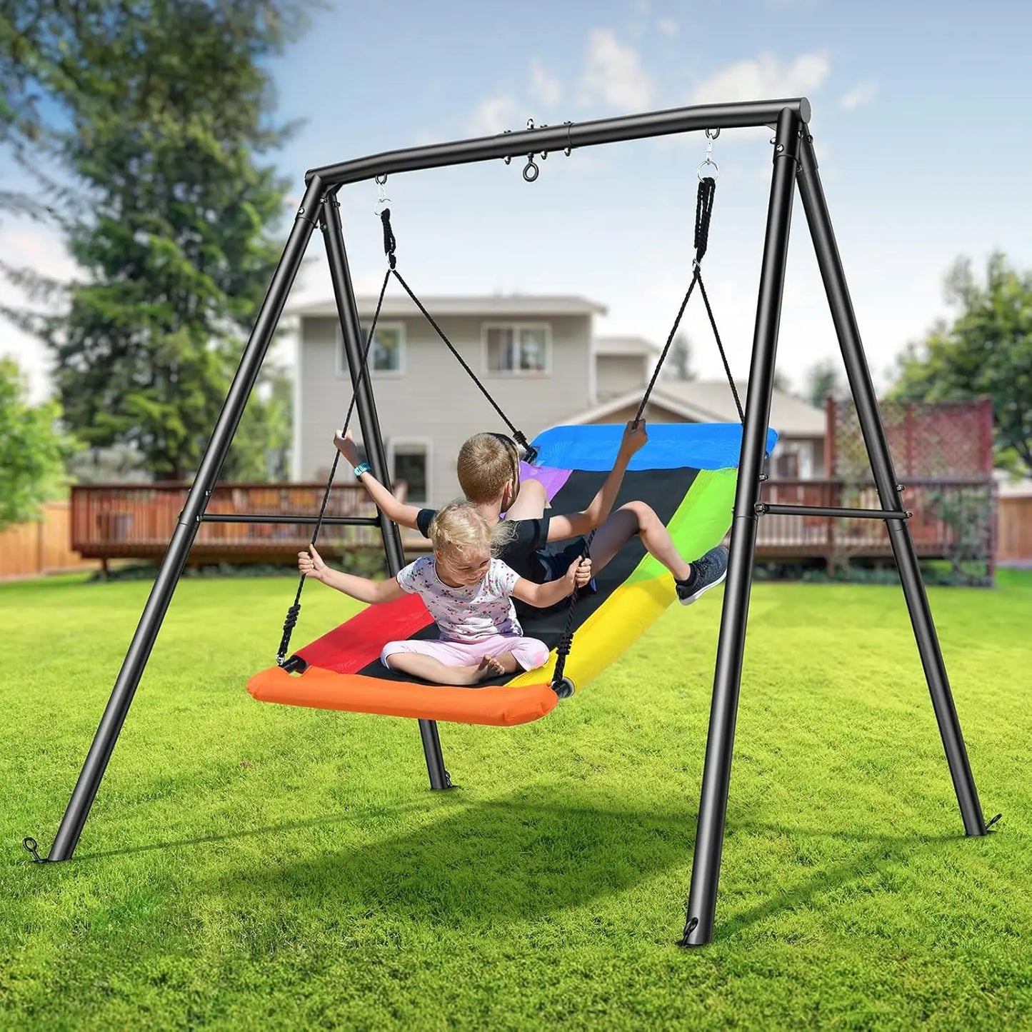 Heavy Duty A-Frame Metal Swing Set with Large Platform, 440lbs Capacity for Outdoor Playground