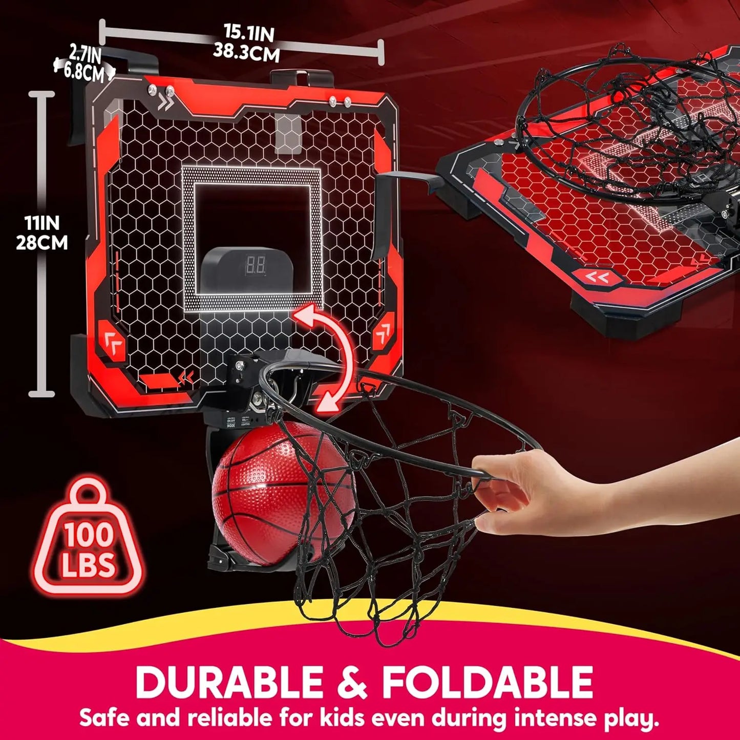 JOYFY Mini Indoor Basketball Hoop Light Up Over The Door Basket Ball Hoop with Scoreboard & 4 Balls