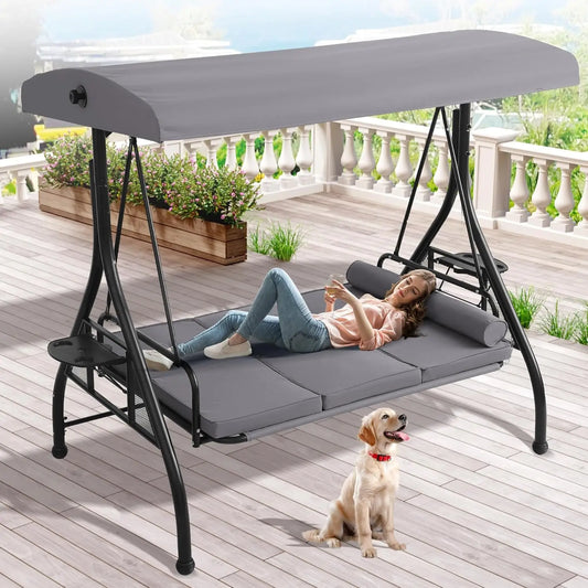 3 Person Outdoor Porch Swing with Canopy and Stand, Convertible 2 in 1 Porch /Bed Swing