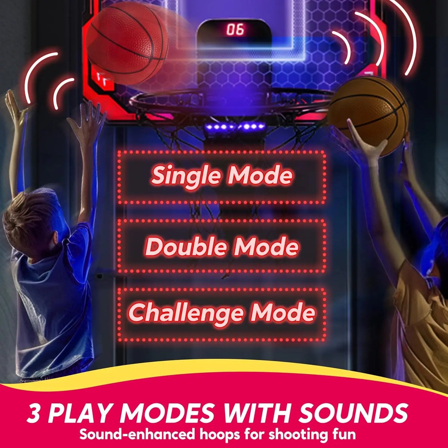 JOYFY Mini Indoor Basketball Hoop Light Up Over The Door Basket Ball Hoop with Scoreboard & 4 Balls
