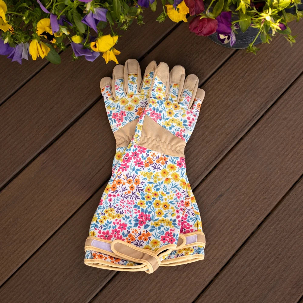 Floral Pattern Garden Gloves Waterproof Breathable Durable with Reinforced Palms Weeding Pruning Planting Tools