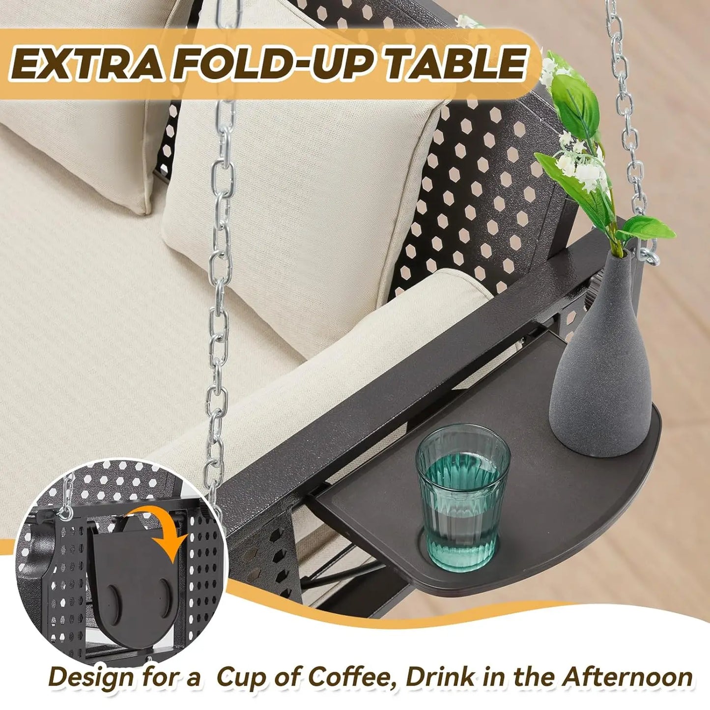 3 Seat Porch Swing, Patio Swing Bench with Cup Holders & 3 Back Cushions, Swing Chair with Chains