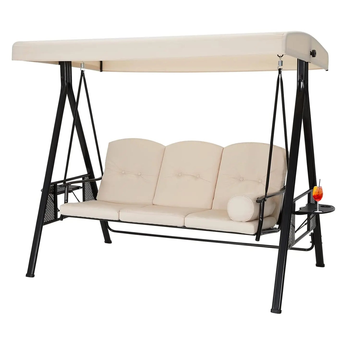 3-Seat Outdoor Porch Swing with Adjustable Canopy Beige