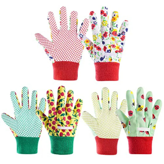 Gardening Gloves 3 Pairs Medium Age 6-9 Polyester Material Floral Pattern Suitable for Indoor and Outdoor Activities