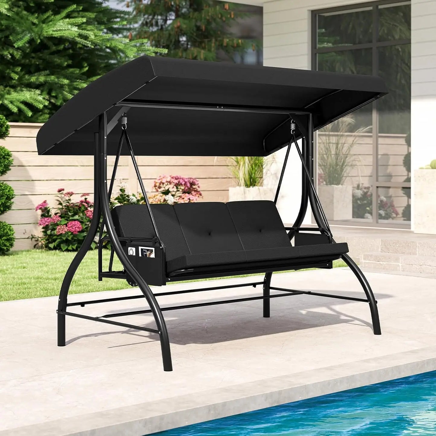 3 Person Porch Swing, 2-in-1 Convertible Outdoor Swing with Adjustable Canopy, Removable Cushions, Metal Frame,