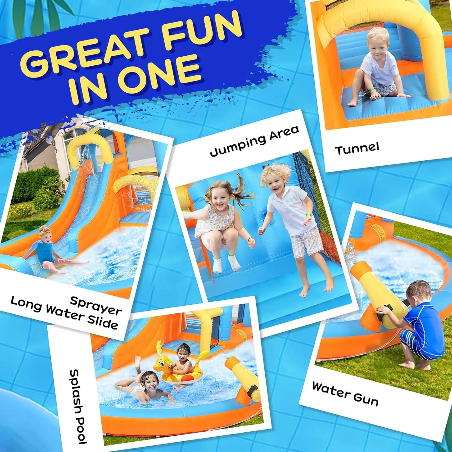 5-in-1 Inflatable Water Slide Park, Water Bounce House w/Air Blower, Climbing Wall, Double Jump Area, Splash Pool,, Customized