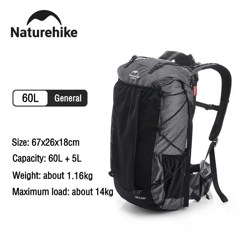 Naturehike Outdoor Mountain Backpack 60+5L Waterproof, Sports Climbing Hiking Travel Bag With Rain Cover
