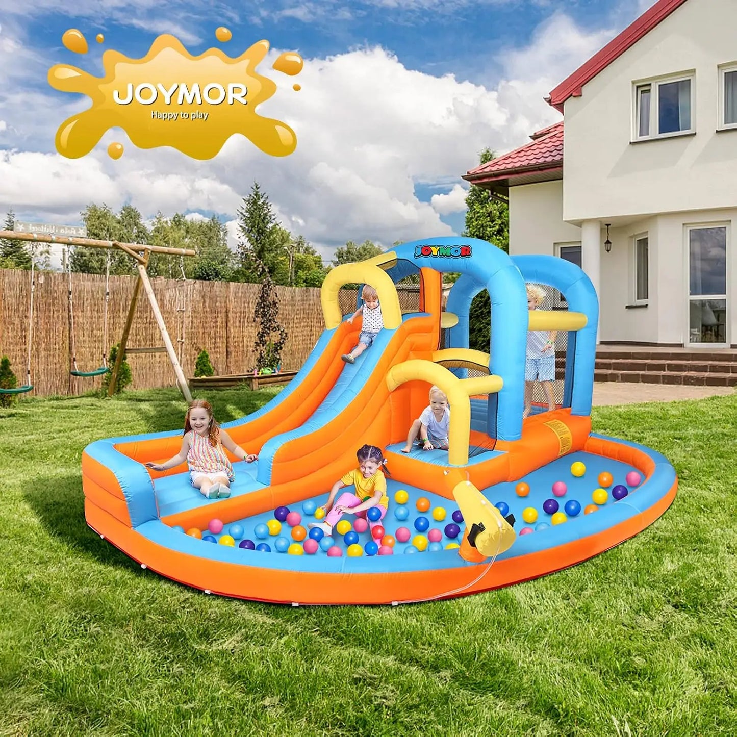 5-in-1 Inflatable Water Slide Park, Water Bounce House w/Air Blower, Climbing Wall, Double Jump Area, Splash Pool,, Customized