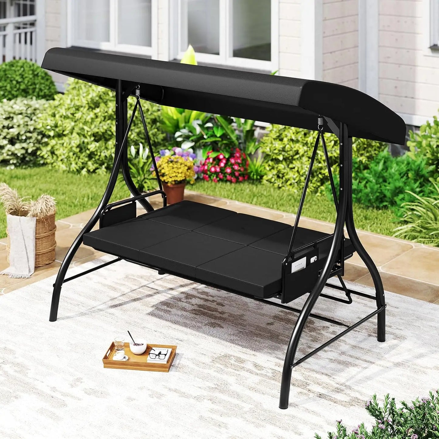 3 Person Porch Swing, 2-in-1 Convertible Outdoor Swing with Adjustable Canopy, Removable Cushions, Metal Frame,