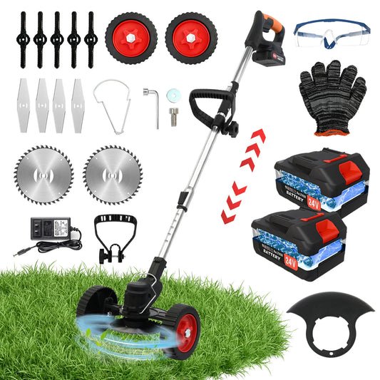 21V Cordless Lawn Trimmer Mower/ Weed Wacker Electric Foldable Lightweight Fast Charger 5C 2000mah Two Battery Bottom Wheel