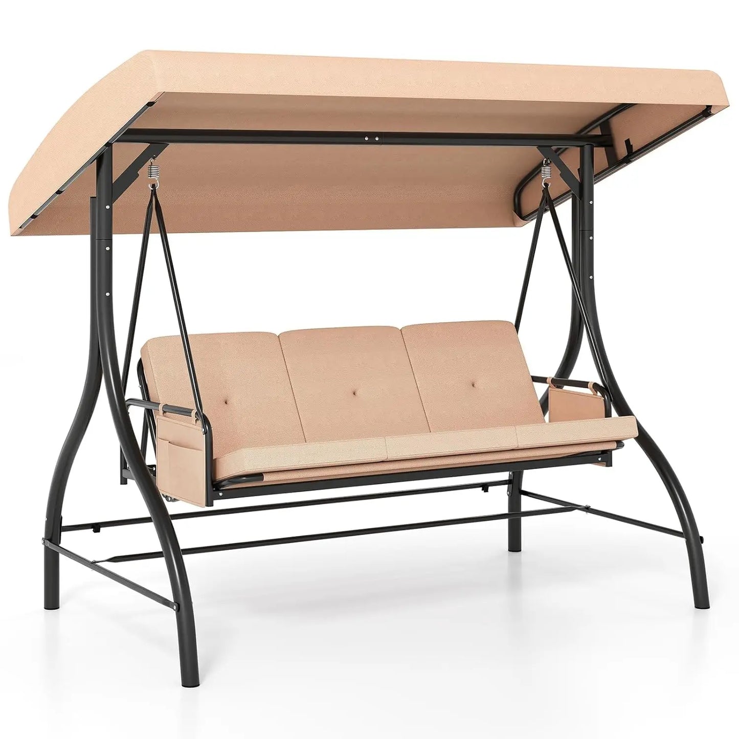 3 Person Porch Swing, 2-in-1 Convertible Outdoor Swing with Adjustable Canopy, Removable Cushions, Metal Frame,