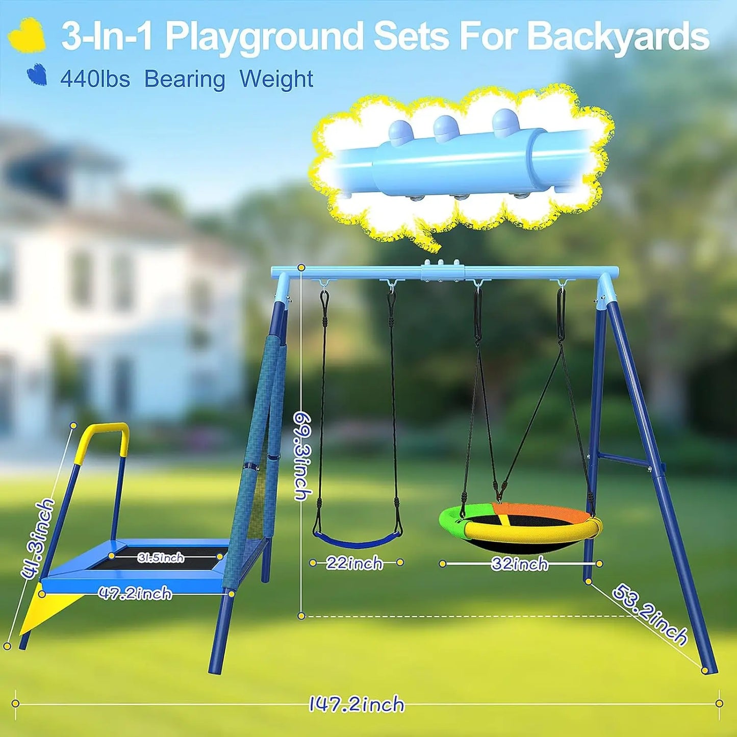 Outdoor Playground Kids Swing Set, 3-in-1 with Saucer Swing, Belt Seat & 4ft Trampoline, Heavy Duty A-Frame Metal Stand &