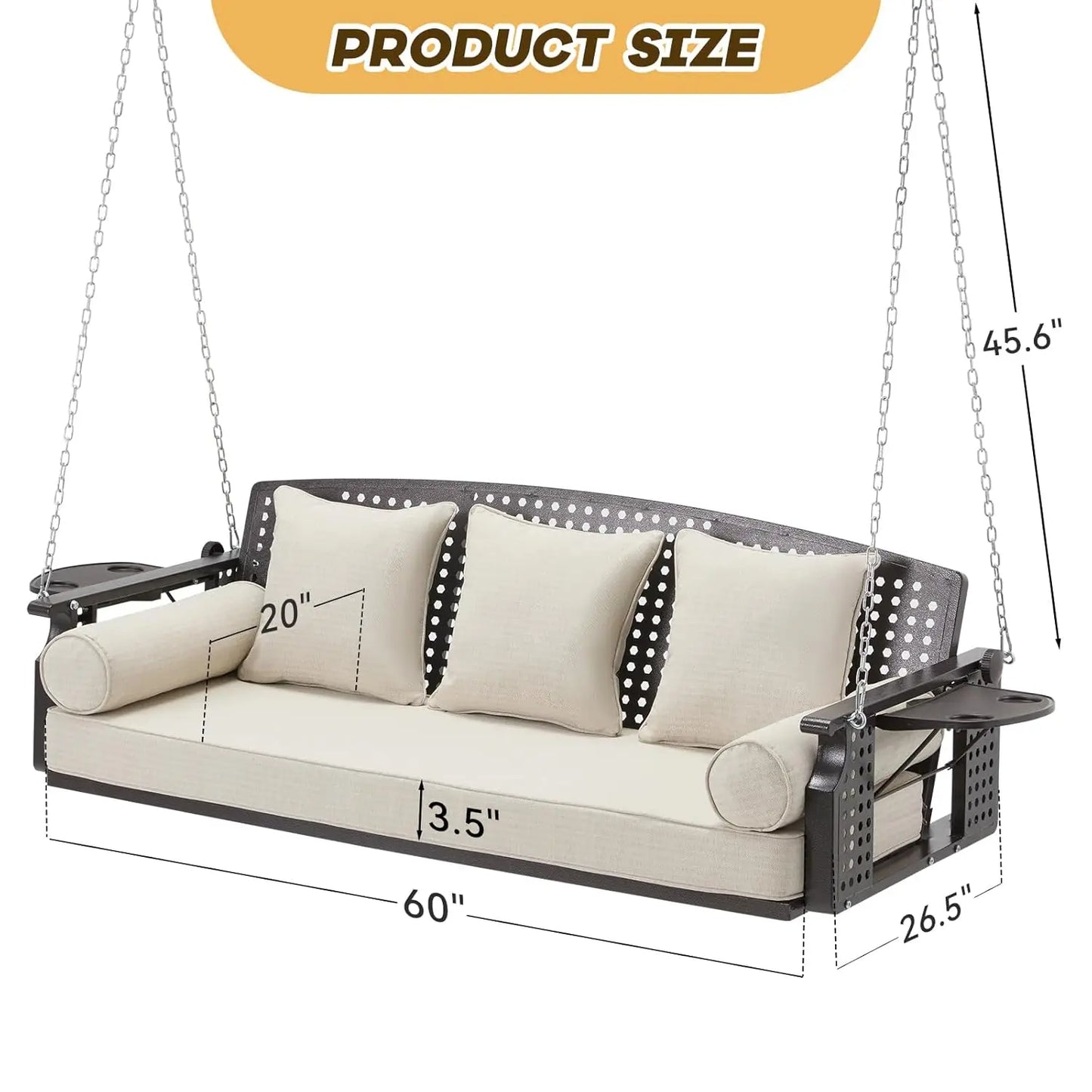 3 Seat Porch Swing, Patio Swing Bench with Cup Holders & 3 Back Cushions, Swing Chair with Chains