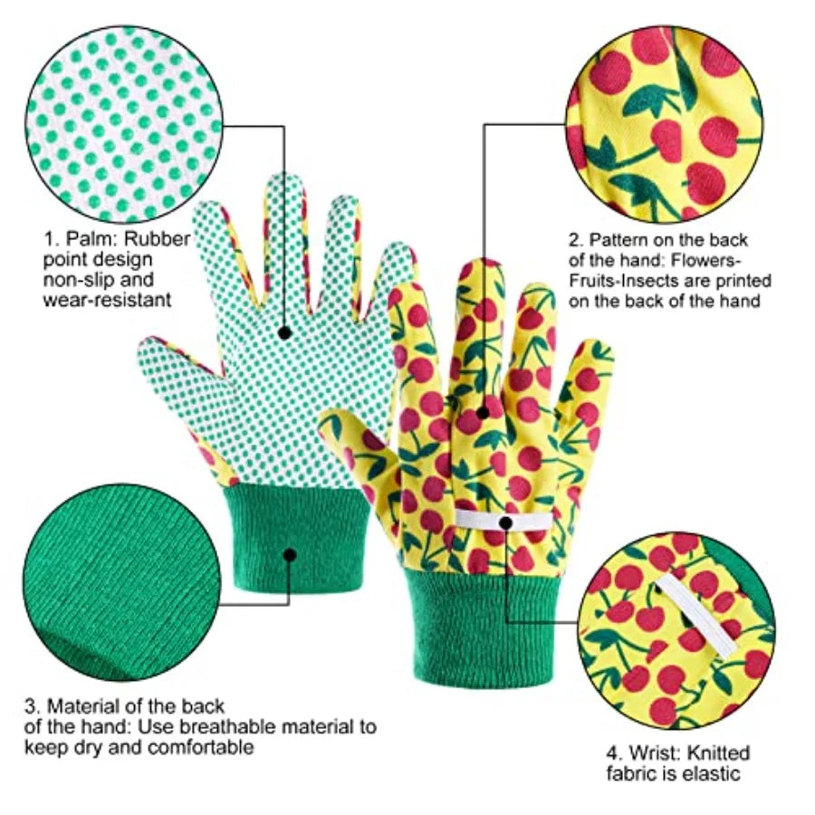Gardening Gloves 3 Pairs Medium Age 6-9 Polyester Material Floral Pattern Suitable for Indoor and Outdoor Activities