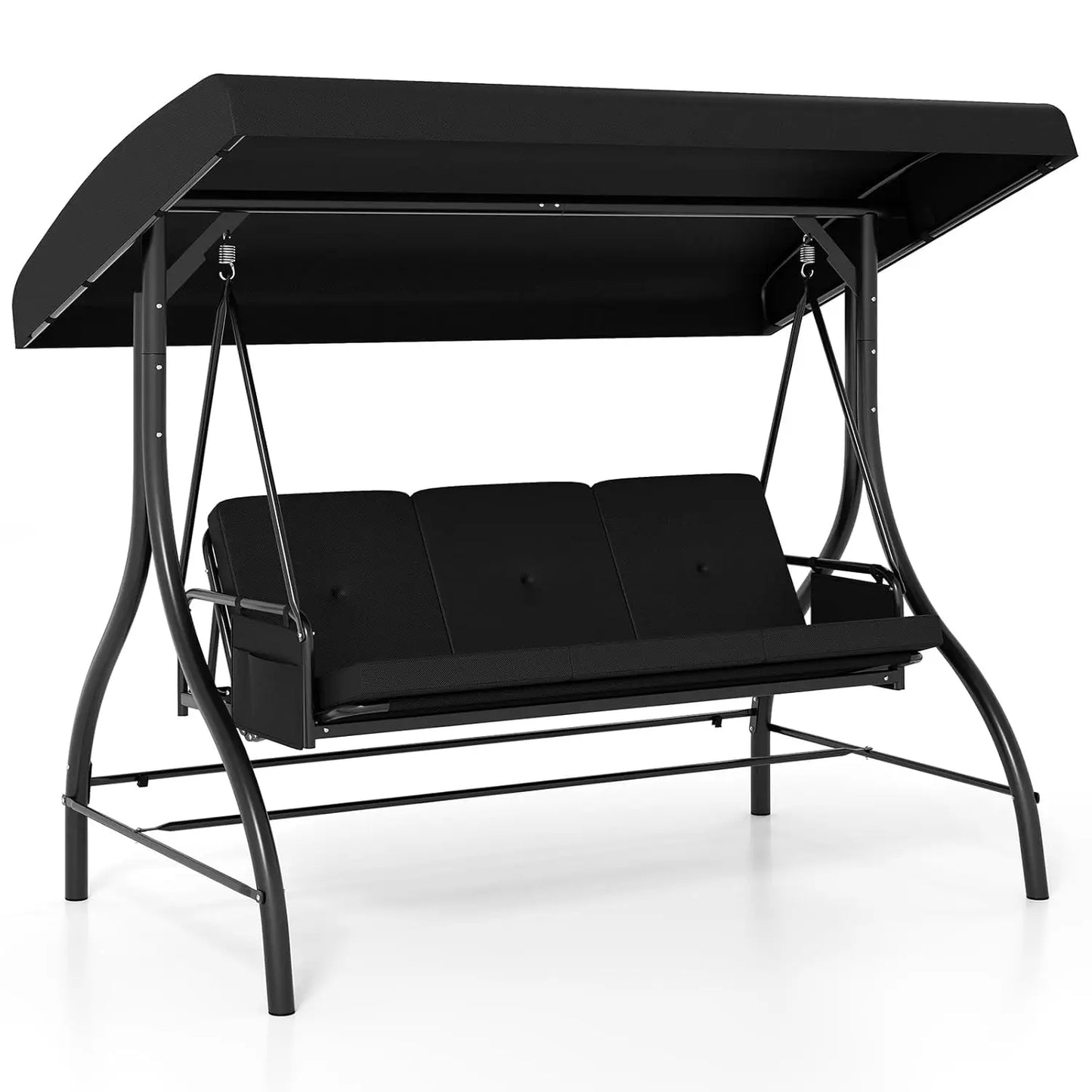 3 Person Porch Swing, 2-in-1 Convertible Outdoor Swing with Adjustable Canopy, Removable Cushions, Metal Frame,